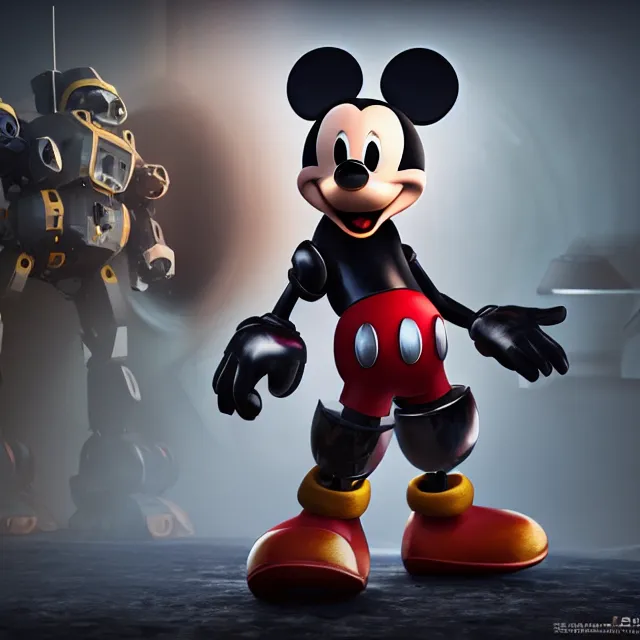 Image similar to ultra realistic mickey mouse wearing mecha armour, dark cinematic, volumetric, realistic, 3 d render, realistic render, cinematic lighting, volumetric lighting, atmospheric, cinematic, unreal engine 5, unreal engine render, octane render, hd, photorealism, hyper realistic, photo, 8 k