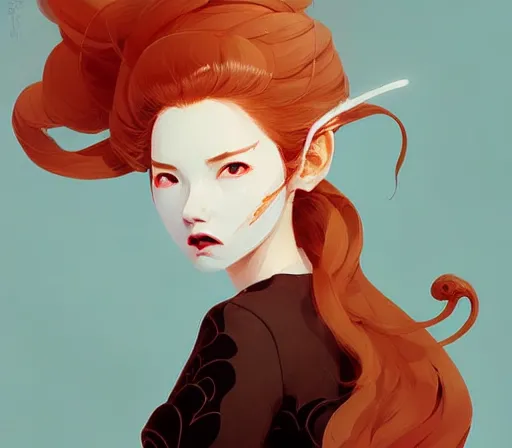 Image similar to beautiful artistic - wave highly detailed portrait female, with kitsune mask, long red hair, by atey ghailan, by greg rutkowski, by greg tocchini, by james gilleard, by joe fenton, by kaethe butcher, dynamic lighting, gradient light blue, brown, blonde cream and white color scheme, grunge aesthetic