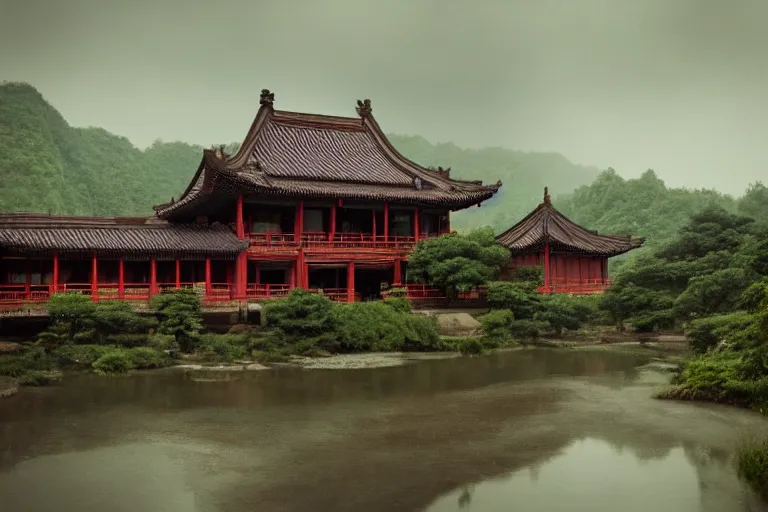 Image similar to in the rain, some ancient chinese houses, bridge, river mysterious and serene landscape, clouds, trending on artstation