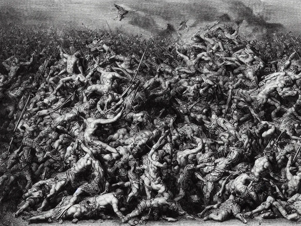 Prompt: burial mound of the Persian tyrant. The last fight of the Triasic. Painting by Gustave Dore, Pontormo