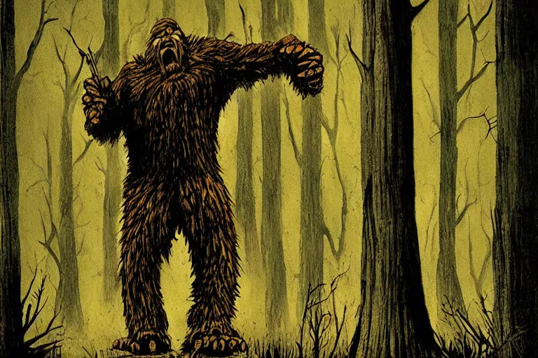 Image similar to mad bigfoot screaming in the woods artwork by ben templesmith