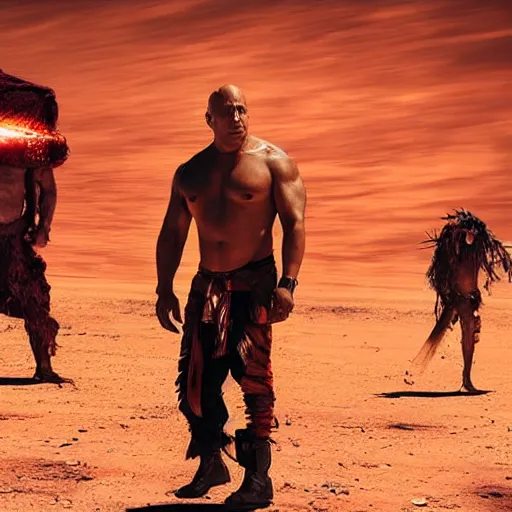 Prompt: candid photo of Vin Diesel as a witchdoctor on Mars fighting valiantly against Elon Musk by Annie Leibowitz, photorealisitc, extremely detailed