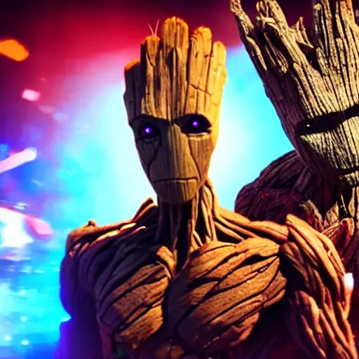 Image similar to groot and optimus prime in techno party among people dancing, wide shoot, after effect ultra realistic 3 d