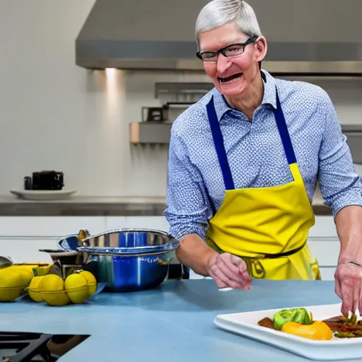 Prompt: Tim Cook cooking in a blue and yellow modern house