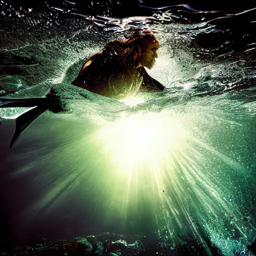 Prompt: aquaman breaking the surface of the water, underwater photography with light scattering and water refractions, smooth