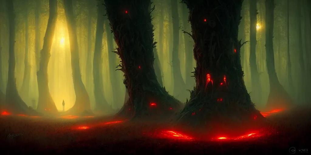 strange alien forest, glowing fungus, misty, red | Stable Diffusion