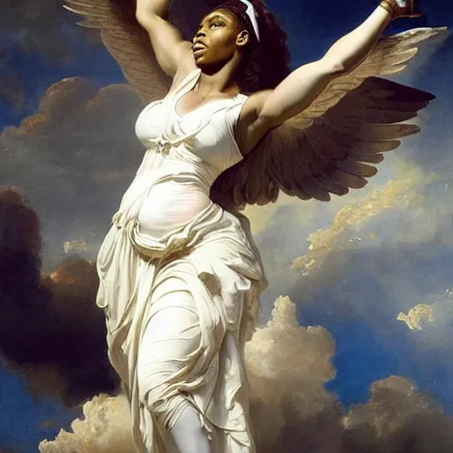 Image similar to Portrait of Serena Williams as Nike Goddess, large wings, luxuriant, dreamy, eternity, romantic, strong pose, highly detailed, in the style of Franz Xaver Winterhalter, highly detailed, in the style of Aetherpunk