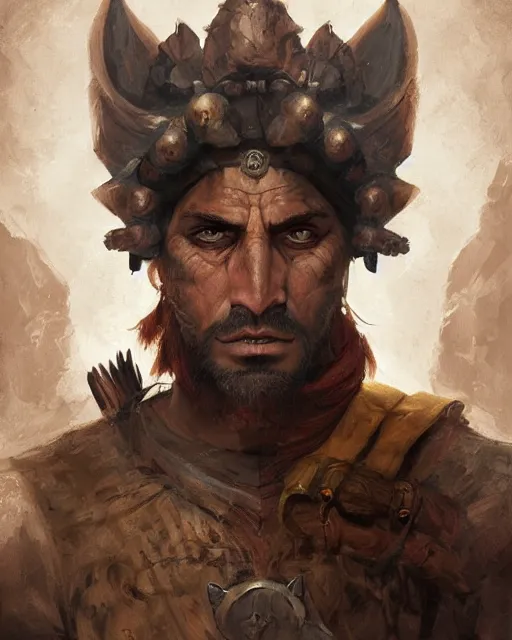 Image similar to portrait of an angry spanish conquistador by filipe pagliuso and justin gerard, symmetric, anatomy, facial features, detailed, intricate, portrait, digital painting, princess mononoke color scheme, masterpiece