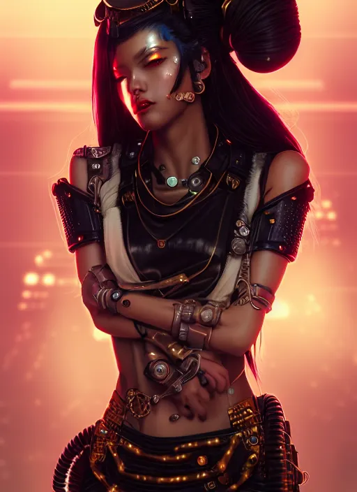 Image similar to soft lustrous ebony geisha seductive raver gutter punk steampunk cyborg, golden ratio, details, scifi, fantasy, cyberpunk city, intricate, decadent, highly detailed, octane render, digital painting, artstation, concept art, sharp focus, illustration, art by artgerm, loish, wlop