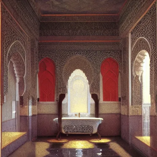 Prompt: detailed painting of a bladerunner bathroom, majestic solemn ornaments and solemn architecture in morocco, artstation, bouguereau, cinematic