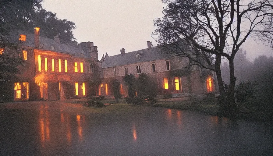 Prompt: 1 9 7 0 s movie still of a heavy burning french style manor in a small french village by night, rainy, foggy, cinestill 8 0 0 t 3 5 mm, heavy grain, high quality, high detail, dramatic light, anamorphic, flares