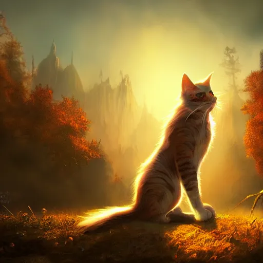 Image similar to magic cat, golden hour, fantasy, sharp focus, digital art, hyper realistic, 4 k, unreal engine, highly detailed, hd, dramatic lighting by brom, trending on artstation