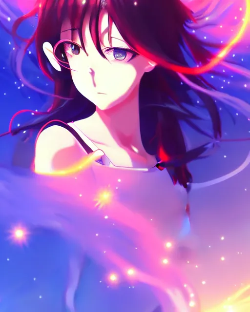 Image similar to anime style, vivid, expressive, full body, 4 k, painting, a cute magical girl with a long wavy black hair, stunning, realistic light and shadow effects, centered, simple background, studio ghibly makoto shinkai yuji yamaguchi