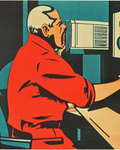 Image similar to soviet propaganda poster of an angry communist developer yelling at his computer