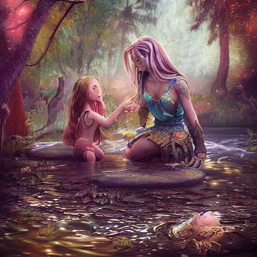 Prompt: a girl warrior and her daughter bathing in a magical pond by ross tran, forest, fantasy, artwork, highly detailed faces