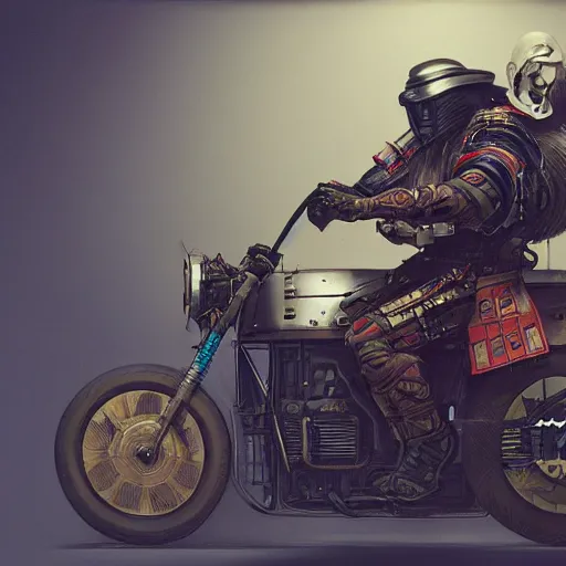 Image similar to extremely detailed realistic render of a cyberpunk samurai riding a motorcycle by James Jean, carig mullins and Syd mead perspective shot ArtStation, CGSociety