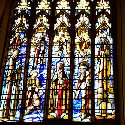 Prompt: a photo of a tall stained glass window in a cathedral