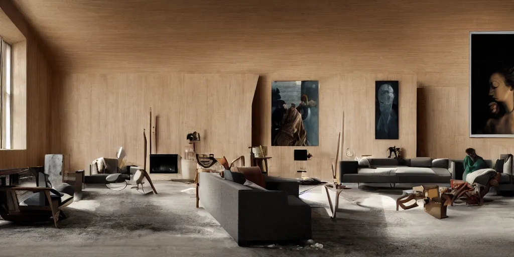 Image similar to beautiful oil matte portrait painting, modern living room with wood paneling and concrete walls designed by zaha hadid, wonderful masterpiece, highly detailed, beautiful cinematic light, deep focus, elegant, digital painting, smooth, sharp focus, golden ratio, dramatic illumination, ultra realistic, 8 k, art by artemisia lomi gentileschi and caravaggio