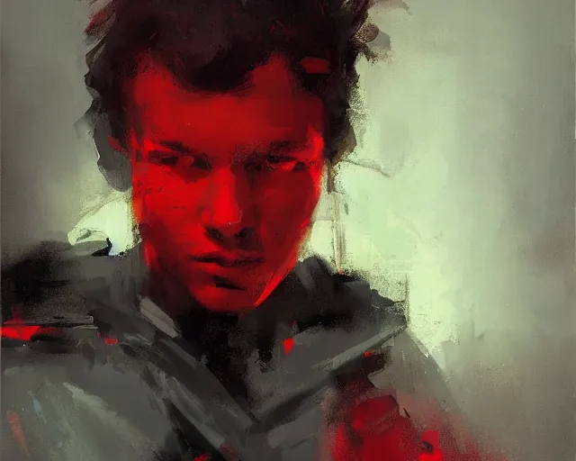 Image similar to portrait of young jacen solo caedus in shades of grey but with red and green by jeremy mann