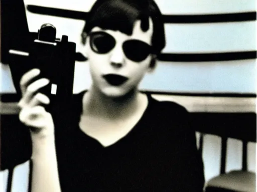 Image similar to beatnik girl holding a Polaroid camera, film still by Jean-Luc Godard, nouvelle vague, color film