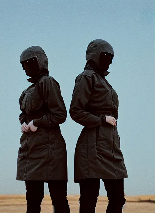 Image similar to cinestill 5 0 d photographic portrait of two clones standing in front of a brutalist metal building, techwear women on a desolate plain, closeup, depth of field, 4 k, 8 k, hd, full color