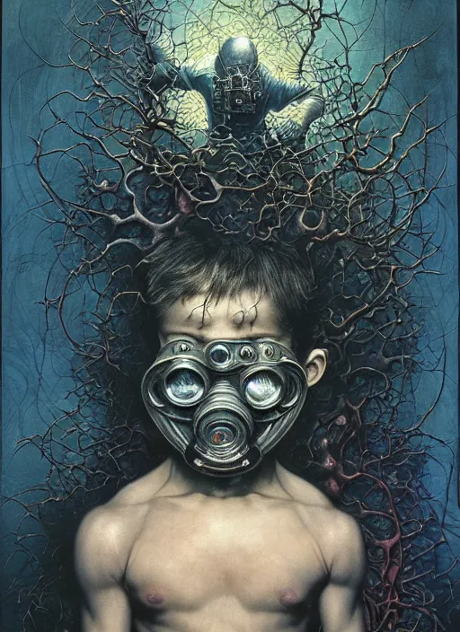 Prompt: a scared little boy with muscles wearing a gas mask, enlightened surrealism dramatic lighting, moody, misty, by ayami kojima, amano, karol bak, greg hildebrandt, and mark brooks, neo - gothic, intricate, rich deep colors. beksinski painting, part by takato yamamoto. 8 k masterpiece