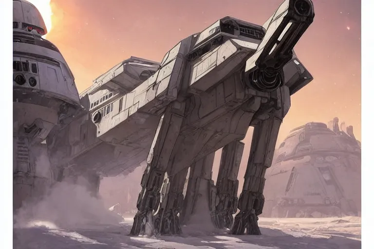 Prompt: comic book illustration, star wars AT-AT on hoth, cyberpunk concept art by artgerm and Alphonse Mucha and Moebius, highly detailed, intricate, sci-fi, sharp focus, Trending on Artstation HQ, deviantart