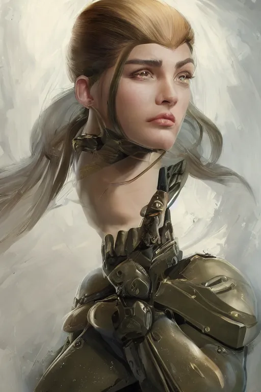 Image similar to a professionally painted portrait of an attractive young woman, clothed in military armor, olive skin, long dark hair, beautiful bone structure, symmetrical facial features, intricate, elegant, digital painting, trending on Artstation, concept art, smooth, sharp focus, illustration, from Metal Gear by Ruan Jia and Mandy Jurgens and Artgerm and William-Adolphe Bouguerea, award winning