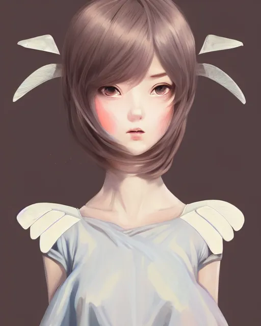 Image similar to ilya kuvshinov. an infinitely detailed portrait of a frail and pale female peace angel elegantly. fully - clothed full - body, beautiful! scenery art!! coherent! by wlop. victorian armor trim, cold color palette, artstation / pixiv!! elegantly armored angel portrait full - body, dreamy art