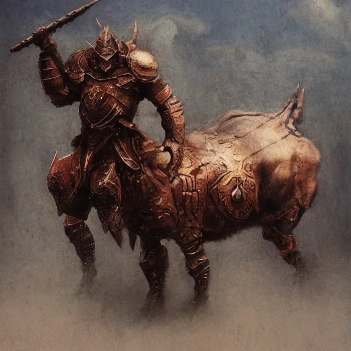 Image similar to minotaur in ancient armor concept, beksinski, ruan jia, trending on artstation