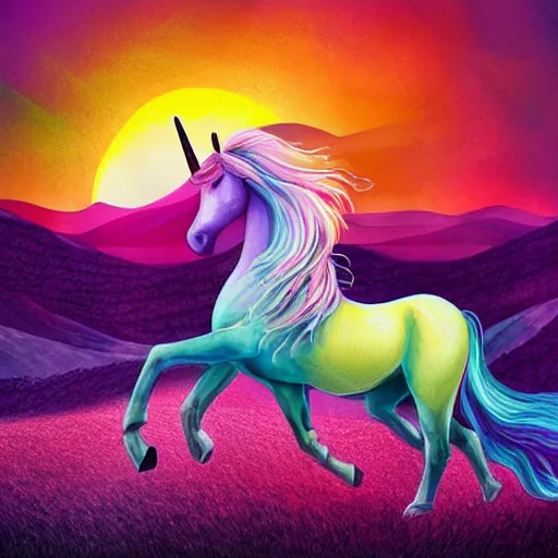 Image similar to ''A colorful unicorn on a beautiful fantasy landscape, hills, mountains, sunlight, HD, illustration, epic''