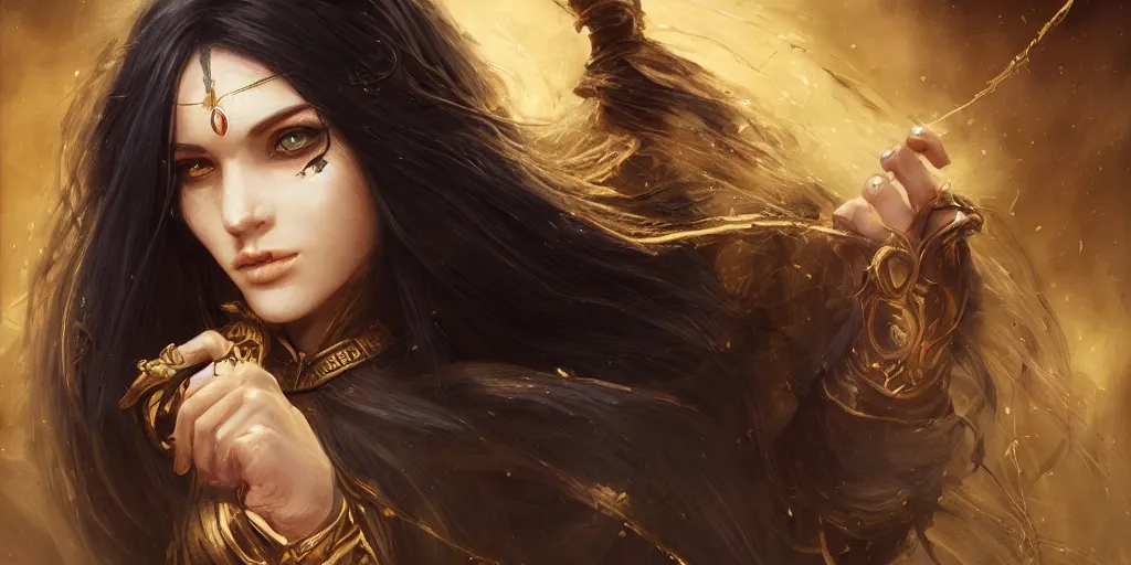 Prompt: a young beautiful oracle with long black hair weavering golden string of magic, barroque painting, ultra realistic. cinematic, dynamic. magic the gathering style. epic fantasy, insanely detailed, 4k, symmetrical face, rpg character reference. gourgeous.