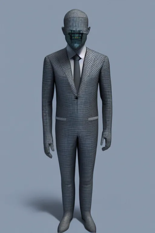 Image similar to man made of tv static wearing a suit, 3d shading, cel-shaded, 3d render, trending on artstation, volumetric lighting, shadow depth, octane render, unreal engine, 4k,