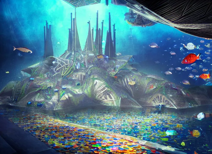 Prompt: favela spaceship cathedral, underwater environment, sorcery, scenery, professional, award - winning, trending on artstation, hyper detailed, realistic, beautiful, emotional, shiny, colorful, picture