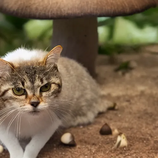 Prompt: a small domestic housecat with a mushroom growing atop its head