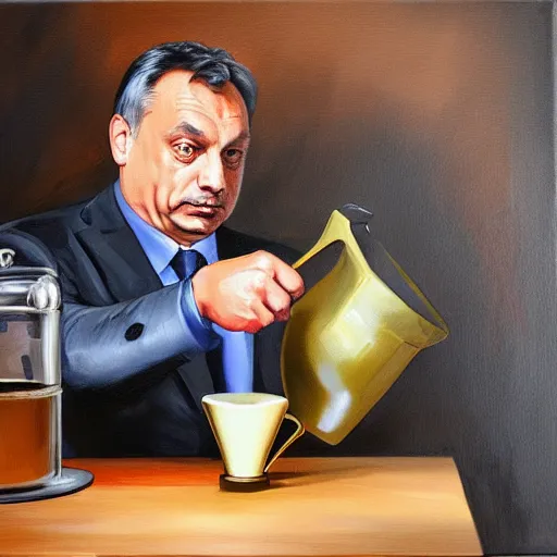 Prompt: viktor orban making chemex coffee, oil painting