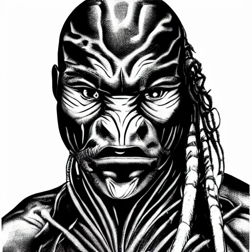 Image similar to hedcut portrait of yatuja from the movie predator