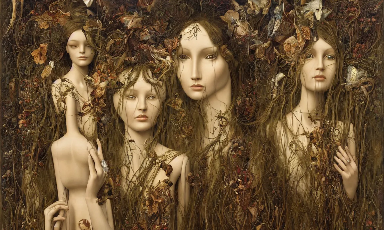 Image similar to a portrait of a beautiful female mannequin, a jointed wooden doll with long flowing hair, holding each other, big moths, big lilies, by James C. Christensen, by Tomasz Alen Kopera, by Karol Bak