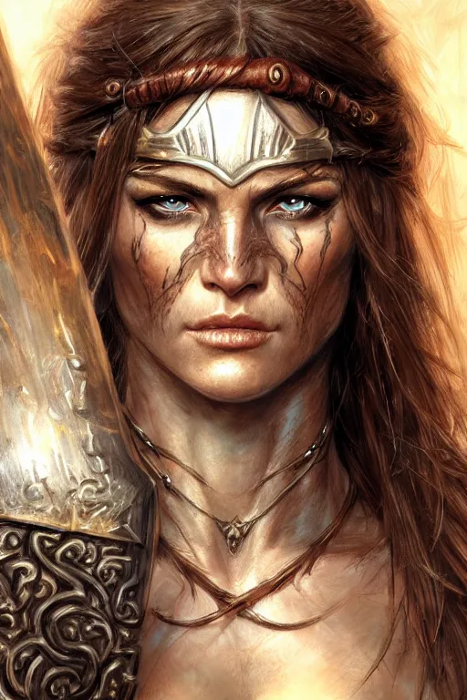 Image similar to head and shoulders portrait of a barbarian, female, high fantasy, dnd, face details, extremely detailed, smooth, sharp focus, digital illustration, by luis royo, magali villeneuve, donato giancola, wlop, krenz cushart, artgerm