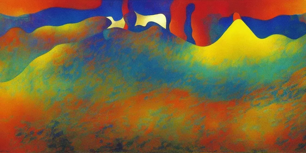 Prompt: An insane, modernist landscape painting. Wild energy patterns rippling in all directions. Curves, organic, zig-zags. Mountains, clouds. Rushing water. Waves. Psychedelic dream world. Odilon Redon. Peter Max.