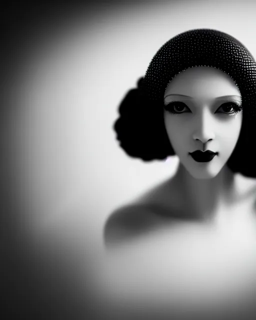 Image similar to black and white dreamy young beautiful female artificial intelligence, metropolis, cinematic, rim light, bokeh, photo - realistic, elegant, high detail, 8 k, masterpiece, photo taken in 1 9 3 0