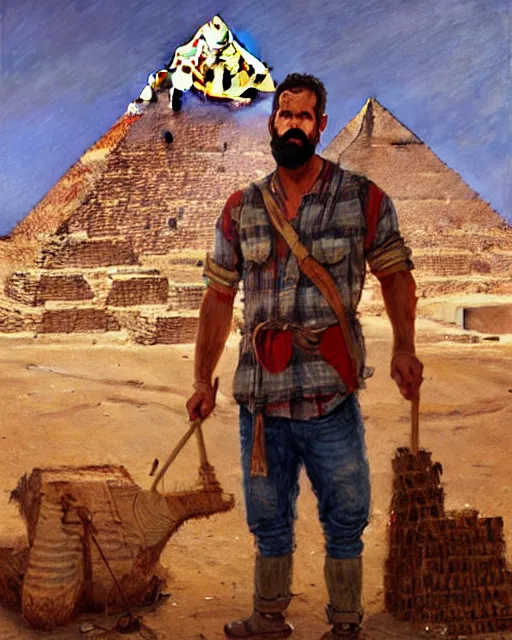 Image similar to detailed painting of an american lumberjack in front of the gizeh pyramids of egypt, greg rutkowski, magali villeneuve and monet