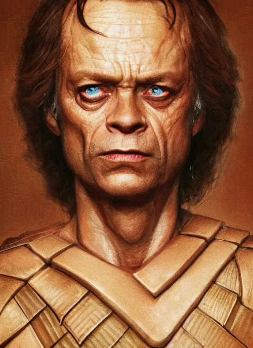 Prompt: upper body portrait of brad dourif as mentat piter de vries in 1982 movie dune , by tom lovell and dean cornwell and norman rockwell, photoreal, character concept art, artstation