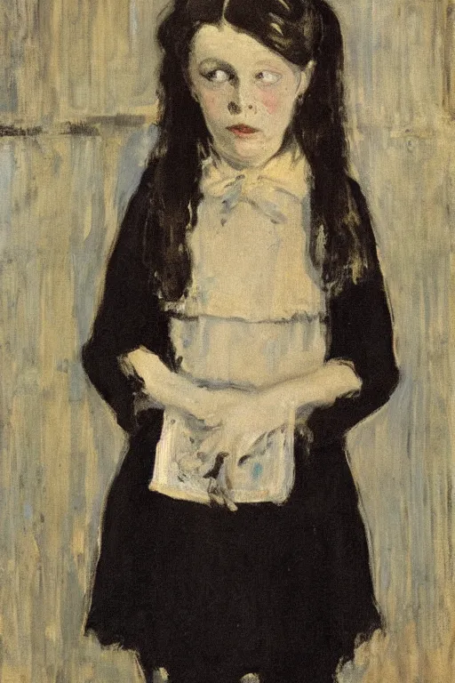 Image similar to portrait of a crying wednesday addams by walter sickert, john singer sargent, and william open