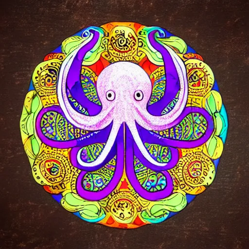 Prompt: a cute octopus in a colorful ornate wooden mandala with intricate fine details