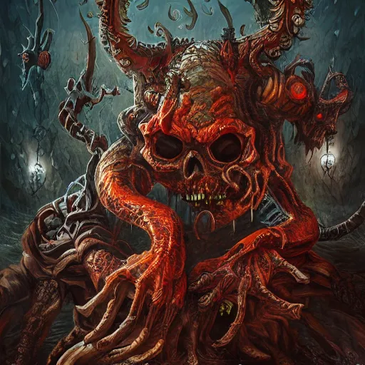 Image similar to horrifying monster in hell, maximalist, high detail, 8k, ornate, dark fantasy, realistic, masterpiece, Trending on art station, complex, WLOP