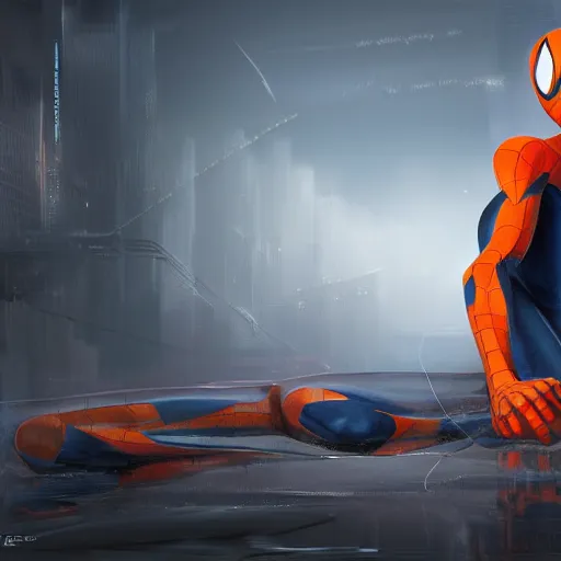 Image similar to concept render of an orange robot spiderman by cedric peyravernay and leon tukker