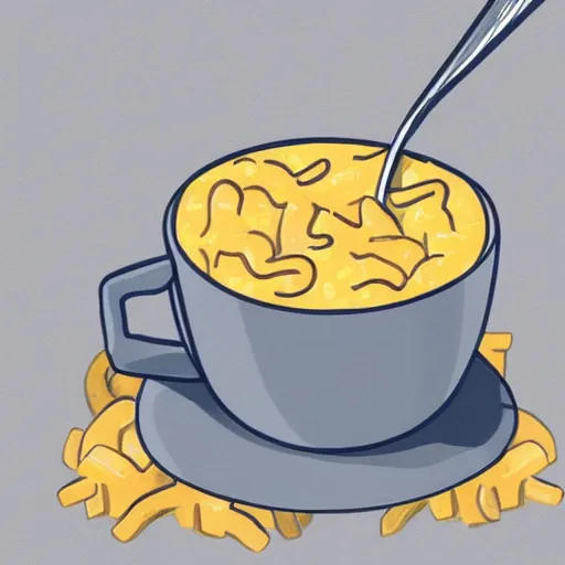 Image similar to a hand drawn illustration of a living box of KD mac and cheese holding a cup of coffee