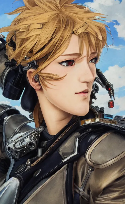 Prompt: side portrait of mechanized valkyrie, anime style, leather jacket, ace pilot, blonde hair, hair down, symmetrical facial features, from arknights, hyper realistic, 4 k, rule of thirds, extreme detail, detailed drawing, safebooru, hd, d & d, realistic lighting, by alphonse mucha, greg rutkowski, backlit