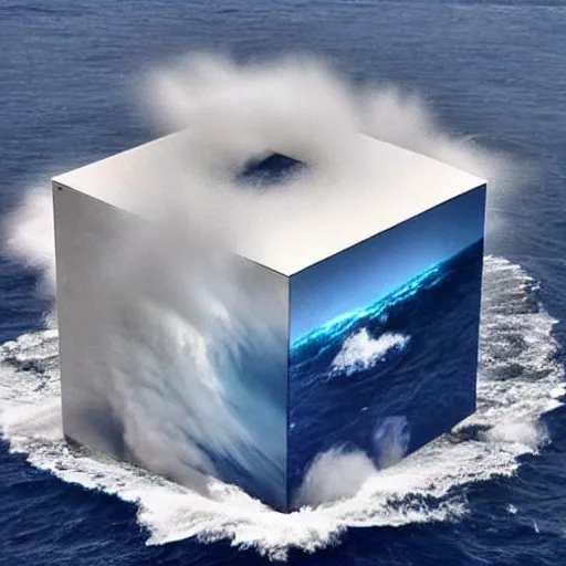 Prompt: a cube in the middle of the sea with images of a tumultuous sea squall on its sides. in the style of Richard Serra